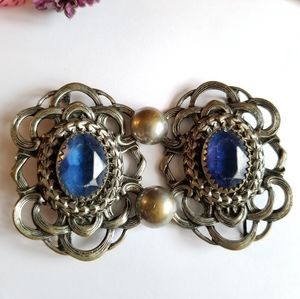 Vintage blue glass gems pendant choker belt sash silver tone victorian revival